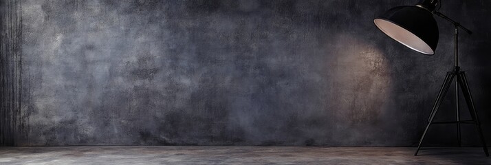 A minimalist photo studio setting with a gray concrete wall backdrop and a black tripod lamp casting a soft light, providing a blank canvas for product photography or design projects. The image offers