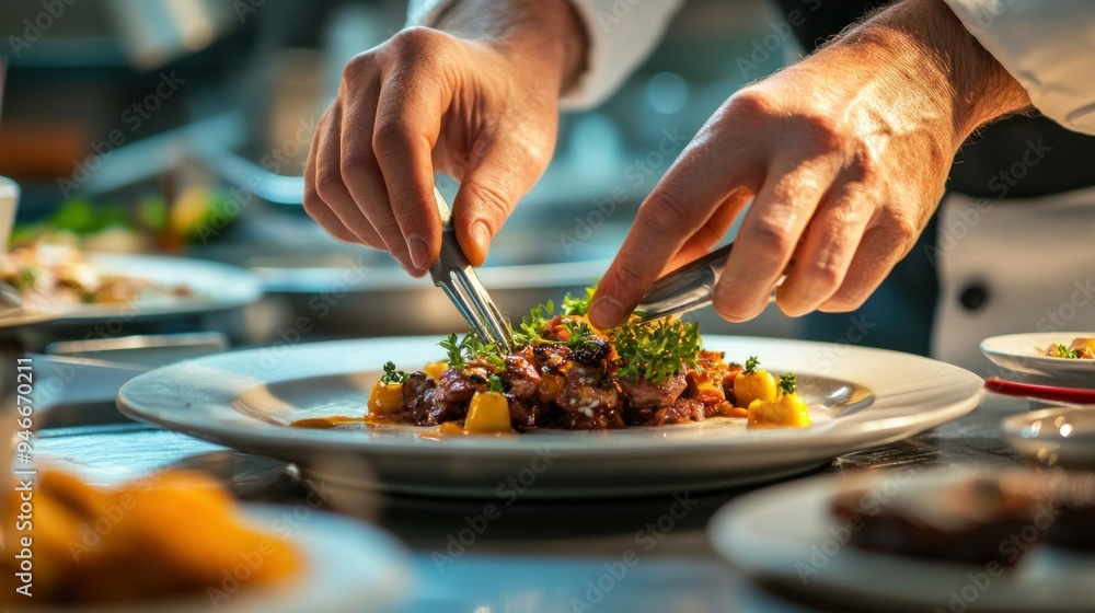 Wall mural Chef Arranging Garnish on Plate of Food