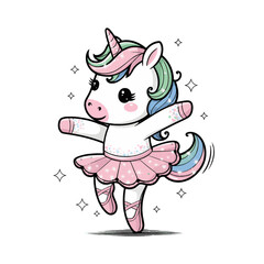 A colorful and whimsical vector design of a chibi unicorn dancing gracefully. The unicorn, with its cute features and sparkling horn, is wearing a tiny tutu and ballet slippers © Erkan