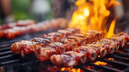 Fototapeta premium Banner BBQ Barbecue grilled meat stick on fire flame hot charcoal cooking outdoor. Banner Beef grilling picnic rib smoke bacon american cuisine. Grill pork heat bbq rack fire flame.