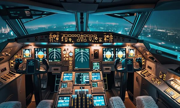 A modern airplane cockpit lit up with instrument panels during a night flight