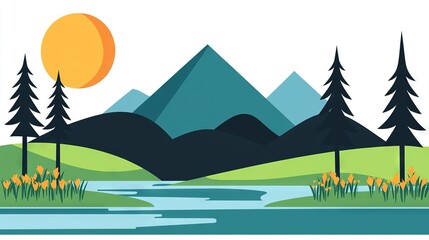   River runs through lush green, pine-covered forest with mountain in the distance