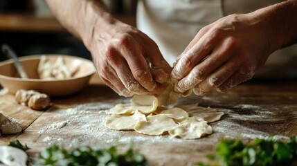 Hands Shaping Raw Dough for Dumplings on a Wooden Countertop