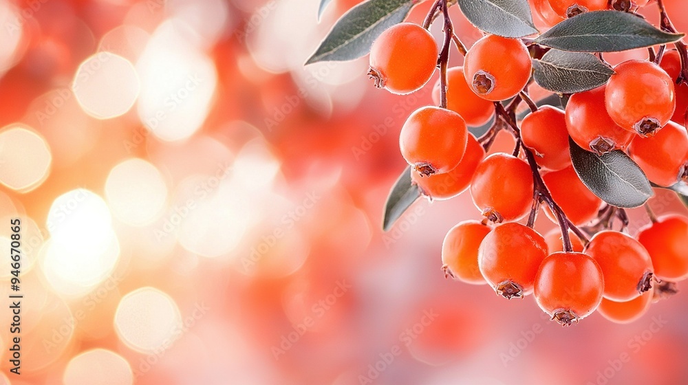 Poster a sharp focus of red berries on a leafy branch against a blurred background
