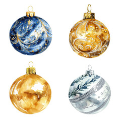 Set of watercolour Christmas tree ball decorations in blue, gold and silver colours. Christmas baubles