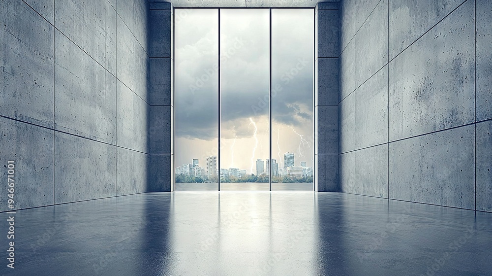 Poster an empty room with concrete walls and a cloudy sky blocking the view of the city through a window
