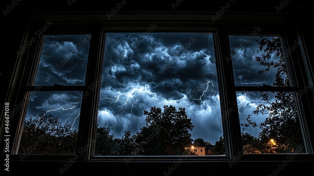 Poster a storm can be viewed from a dark room with tree and lightning-filled sky through window
