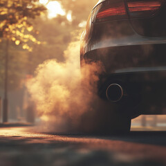 Environmental Pollution: Image focusing on the rear exhaust of a car, with smoke and fumes coming out of the tailpipe.