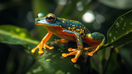 Vibrant Blue and Yellow Spotted Frog Perched on a Green Leaf