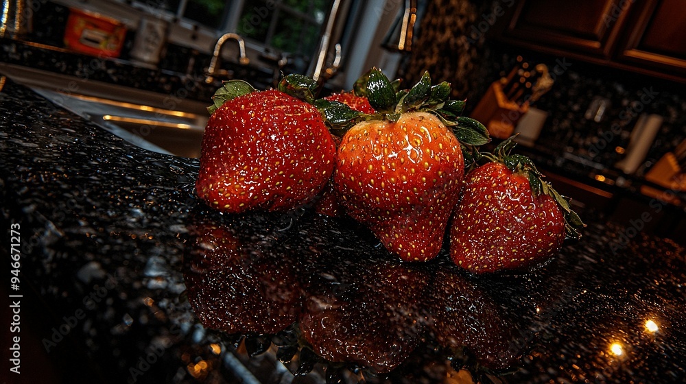 Poster a group of red berries resting on a dark surface beside a faucet and an open window