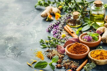 Assorted spices, herbs, and fresh plants in wooden bowls with garlic and oil on a light textured background. Ayurveda, ayurvedic herbs, Generative AI