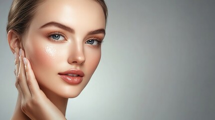 Naklejka premium Beautiful young woman with clean fresh skin on beige background, Face care, Facial treatment, Cosmetology, beauty and spa, women portrait. copy space.