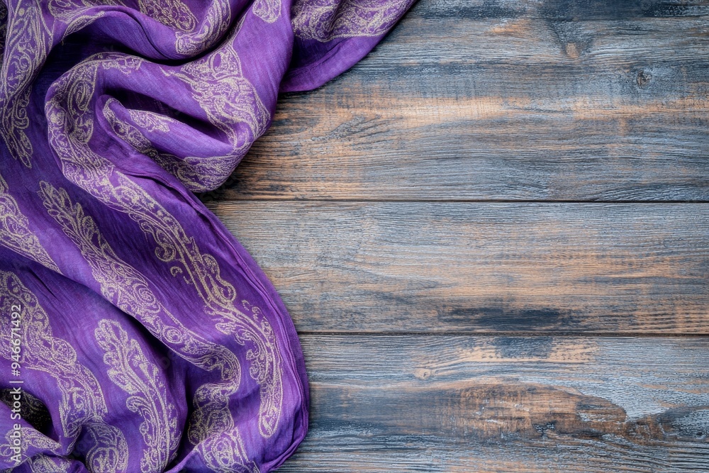 Poster a purple patterned tablecloth with intricate designs lays on a rustic wooden surface, creating a bea