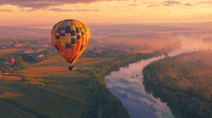Obraz premium Colorful Hot Air Balloons Over River At Sunset