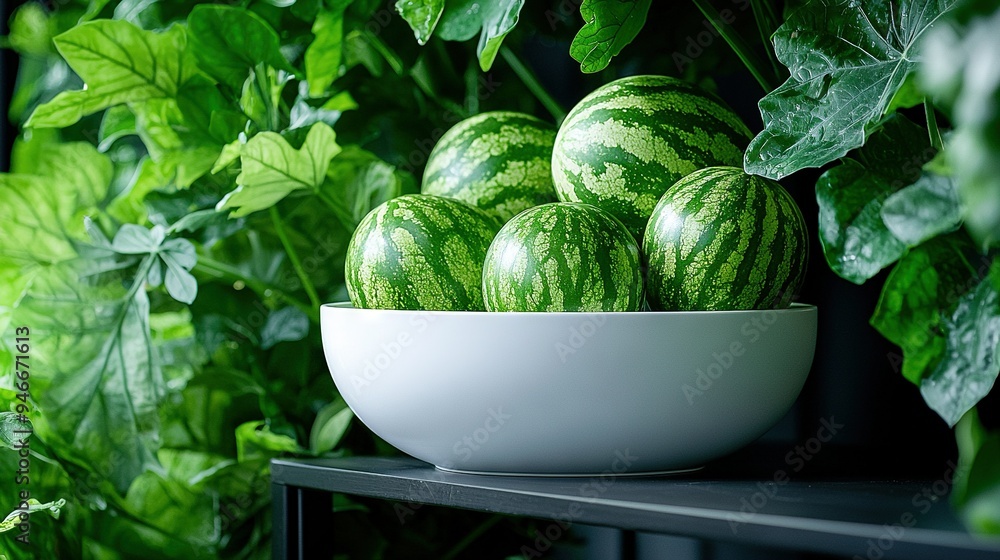 Sticker watermelons in bowl, green wall & plant background