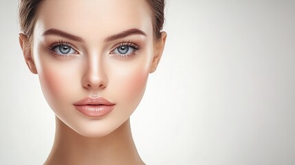 Beautiful young woman with clean fresh skin on beige background, Face care, Facial treatment, Cosmetology, beauty and spa, women portrait. copy space.