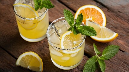 Fototapeta premium Close up view of summer fresh cocktails with lemon and orange pieces, mint, life holidays cocktails lettering isolated on white