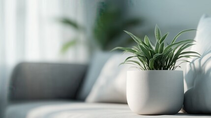 A stylish indoor plant in a white pot placed on a sofa, with a bright background and soft lighting creating a refreshing and modern ambiance perfect for any living space.