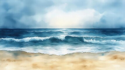 Fototapeta premium abstract watercolor seascape with soft blended hues of blue turquoise and sandy beige evoking a serene and refreshing coastal atmosphere