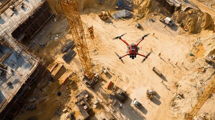A construction site with drones surveying the area, collecting data, and assisting in planning and construction.