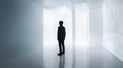 A person standing in an empty white room, their silhouette cast against the wall as they interact with a futuristic holographic display