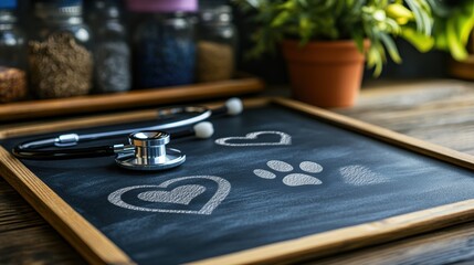 veterinary concept banner with stethoscope, pet paw prints, and heart shape drawn on chalkboard, providing space for copy