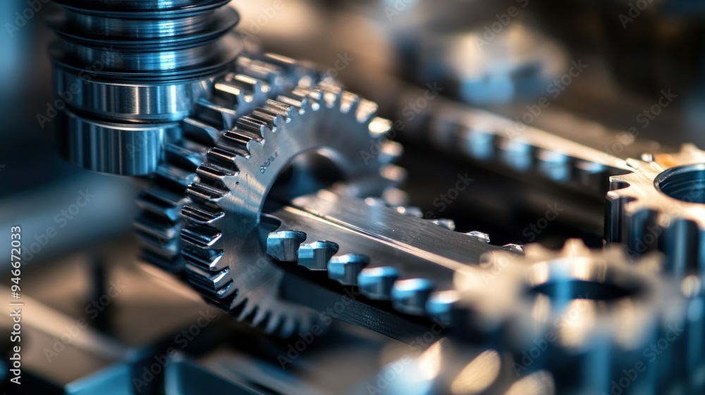 Poster close-up of interlocking metal gears in a machine