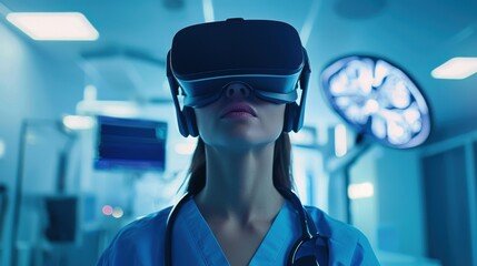 A healthcare professional using a virtual reality simulation to train for a complex medical procedure, their face obscured by the headset as they immerse themselves in the digital environment