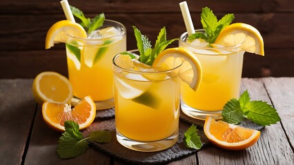 Fototapeta premium Close up view of summer fresh cocktails with lemon and orange pieces, mint, life holidays cocktails lettering isolated on white