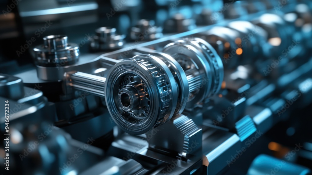 Poster close-up of a complex metallic gear system