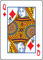 Queen of Diamonds playing card design and drawing in colorful cartoon vector