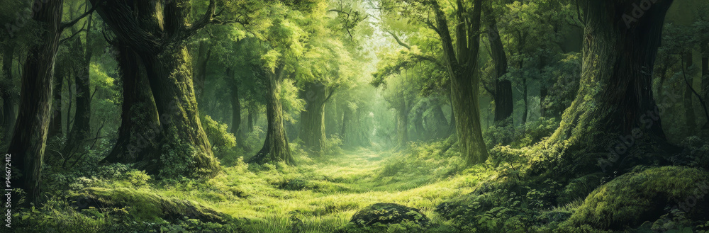 Poster a serene and enchanting woodland scene, showcasing a path winding through a lush green forest. sunli