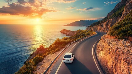 car driving on beautiful road in colorful sunset landscape in summer. Nature scenery on coastline highway. Europe travel trip in sea coast road. copy space for text.