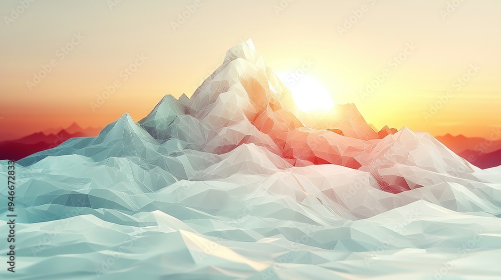 Poster a snowy mountain at dusk with the setting sun in its midst and the vast sky visible behind it