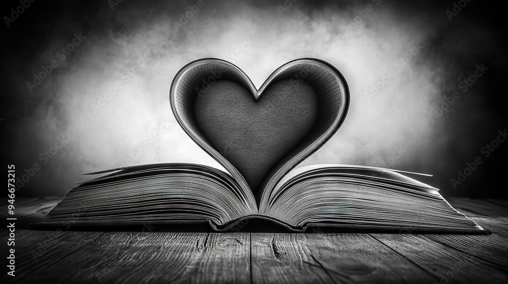 Poster an open book in the shape of a heart with a monochrome image of a book resembling a heart