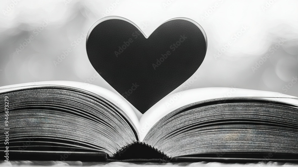 Poster an open book with a black heart cut out of its center, resting on a table with a hazy backdrop