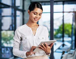 Happy, woman and personal assistant on tablet for business, email reply and online networking....