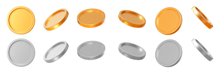 3D set golden and silver coins with different angles.  Symbol of gold and wealth. Stock vector illustration on isolated background.