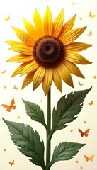 large sun  flowers with green leaves on a white background, surrounded by stars, and butterflies., rendered in 3D  