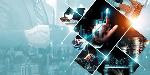 Futuristic business digital financial data technology concept for future big data analytic and business intelligence research for businessman analyst invest decisions making panoramic banner kudos