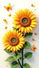 large sun  flowers with green leaves on a white background, surrounded by stars, and butterflies., rendered in 3D  