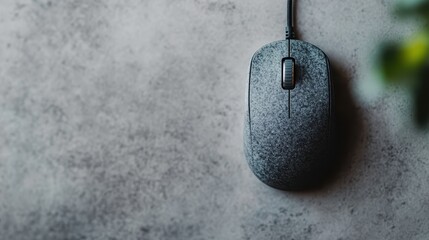 A black wired computer mouse placed on a gray concrete surface, showcasing a modern and minimalist design suitable for tech and workspace related themes.