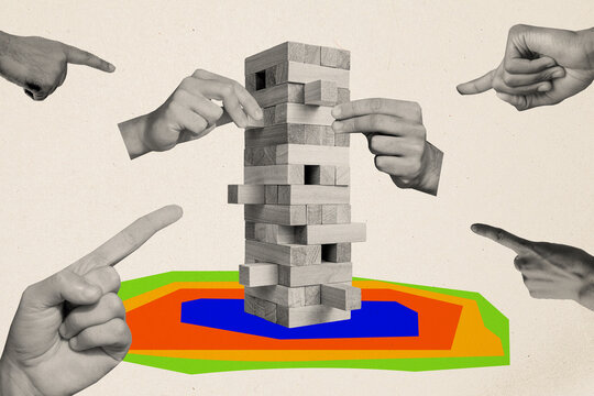 Composite photo collage of board game business people risky game competition strategy build wooden jenga isolated on painted background