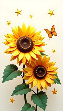 large sun  flowers with green leaves on a white background, surrounded by stars, and butterflies., rendered in 3D  
