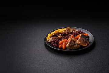A colorful vegetarian dish consists of fish, beans, corn, mushrooms