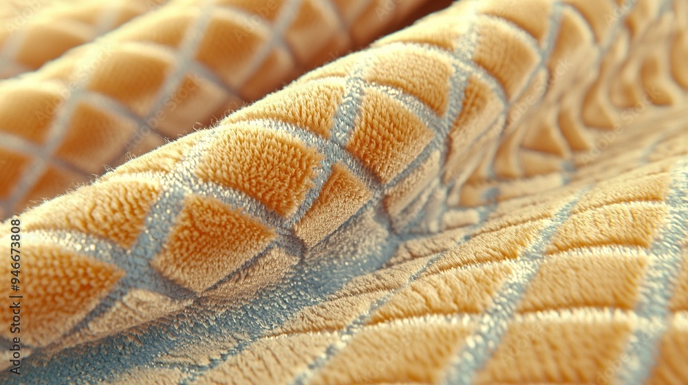 Poster a close-up image of a bed with a blue and yellow checkerboard pattern on the side