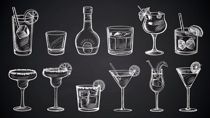 Hand sketched cocktails glasses of alcoholic beverages. Vector set drinks illustrations on chalkboard. Gin tonic, shot, cognac, whiskey, pina colada, margarita, red wine, mojito, vodkatini, champagne