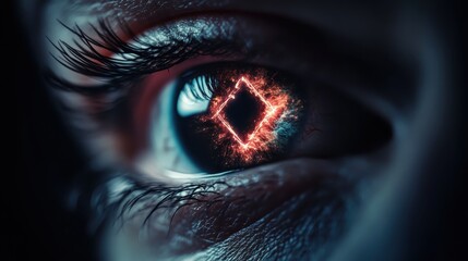 This image highlights a close-up of an eye with a red glowing diamond-shaped reflection in its pupil, conveying intensity, focus, and the enigmatic nature of vision.