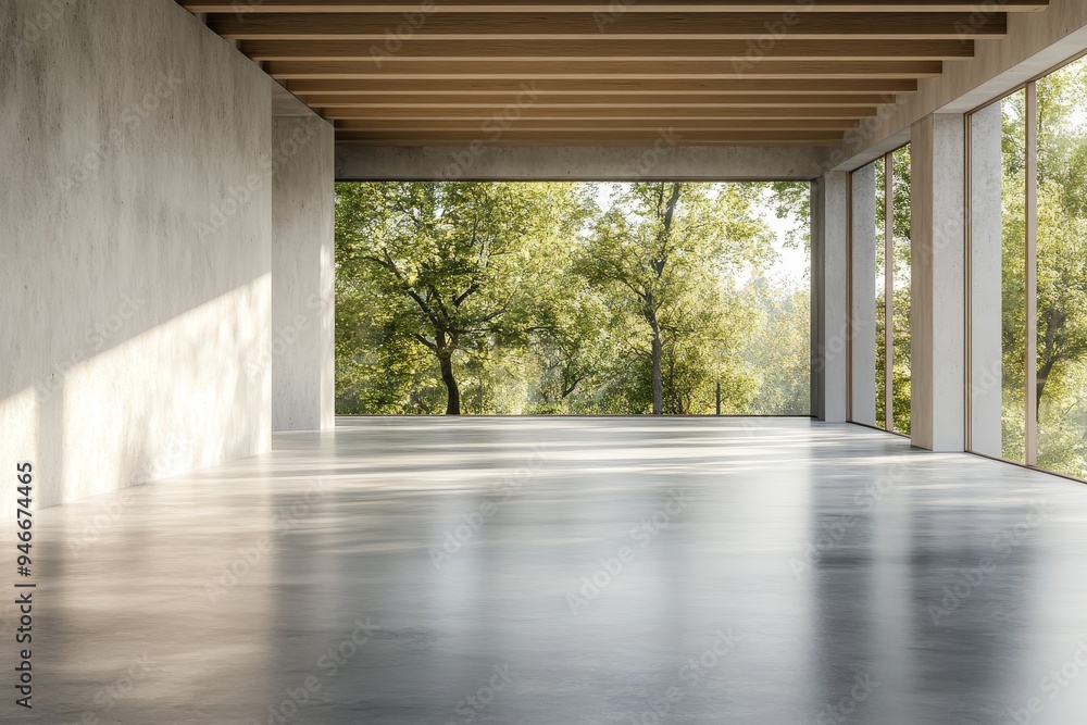 Poster a spacious and modern empty hall with large windows showcasing a serene nature view. the room featur
