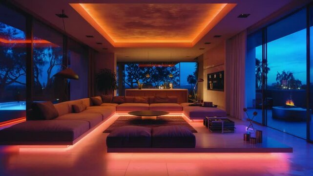 Modern living room with futuristic orange led lights illuminating the room at sunset. The room has a swimming pool and a bar